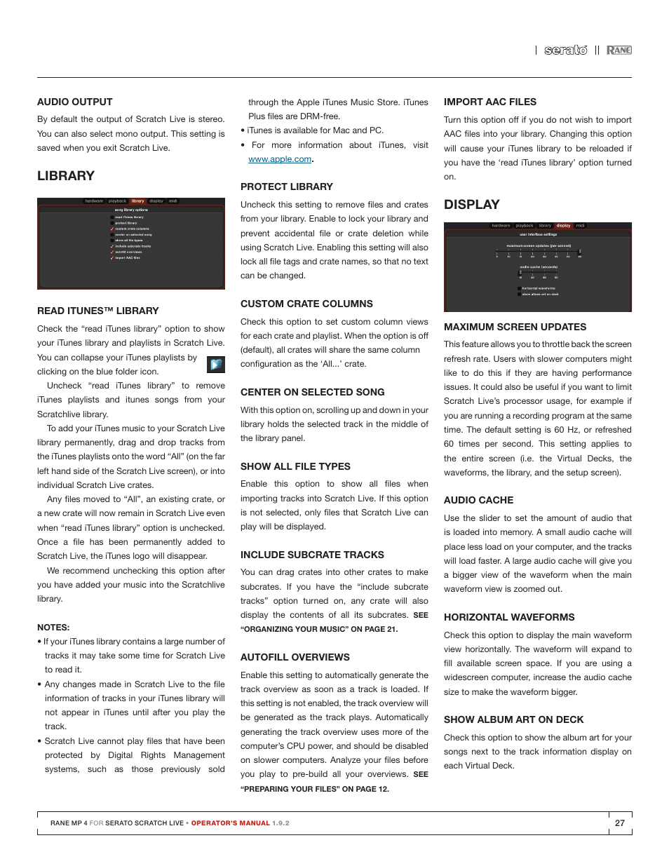 Braking, Audio output, Library | Read itunes™ library, Protect library, Custom crate columns, Center on selected song, Show all file types, Include subcrate tracks, Autofill overviews | Rane MP 4 Manual 1.9.2 User Manual | Page 27 / 32