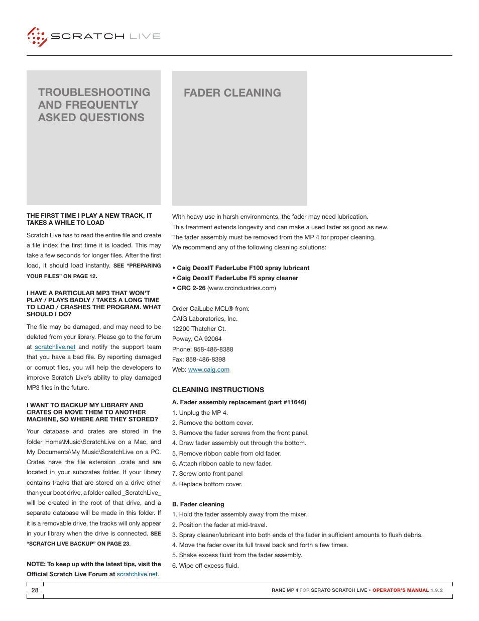 Fader cleaning, Troubleshooting and frequently asked questions, Troubleshooting and frequently asked questions 28 | Rane MP 4 Manual 1.9.2 User Manual | Page 28 / 32