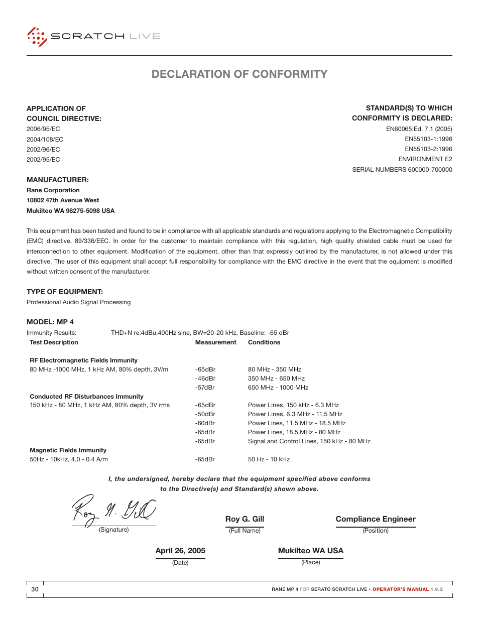 Declaration of conformity, Declaration of conformity 30 | Rane MP 4 Manual 1.9.2 User Manual | Page 30 / 32
