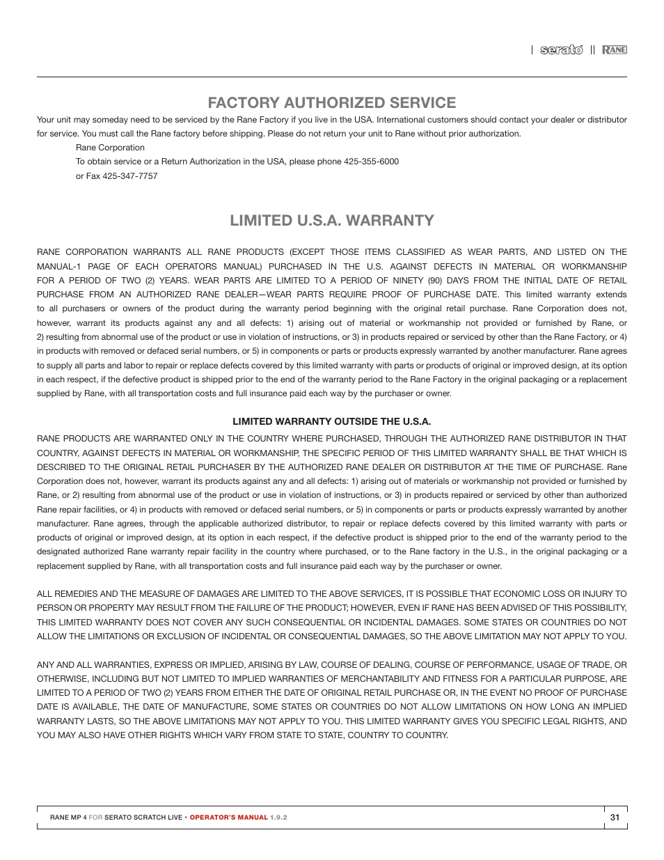 Factory authorized service, Limited u.s.a. warranty, Factory authorized service 31 | Limited warranty | Rane MP 4 Manual 1.9.2 User Manual | Page 31 / 32