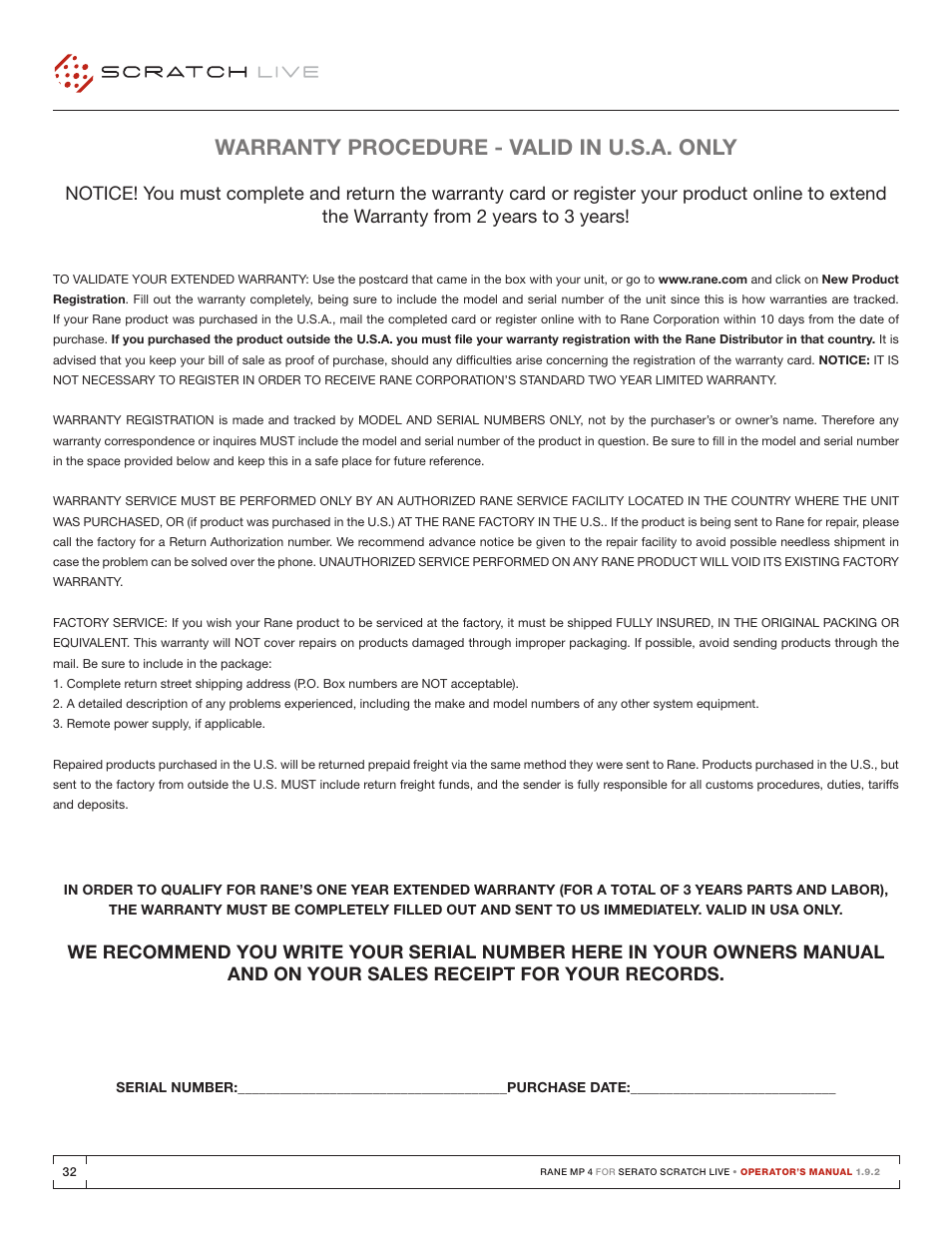 Warranty procedure - valid in u.s.a. only | Rane MP 4 Manual 1.9.2 User Manual | Page 32 / 32