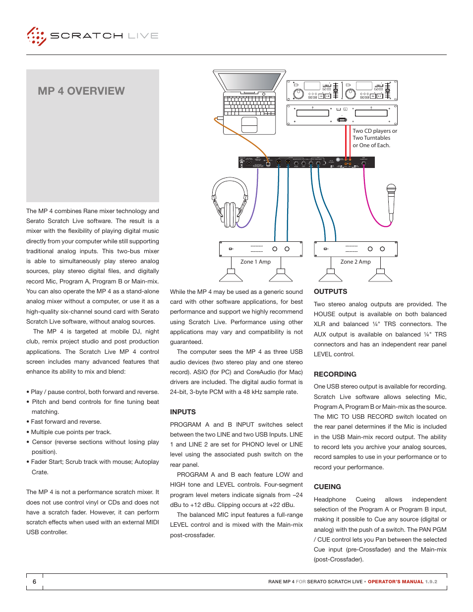 Mp 4 overview, Inputs, Outputs | Recording, Cueing, Inputs 6 outputs 6 recording 6 cueing 6, Made in u.s.a. rane corp, Level, Phono line phono ground mic to usb record | Rane MP 4 Manual 1.9.2 User Manual | Page 6 / 32