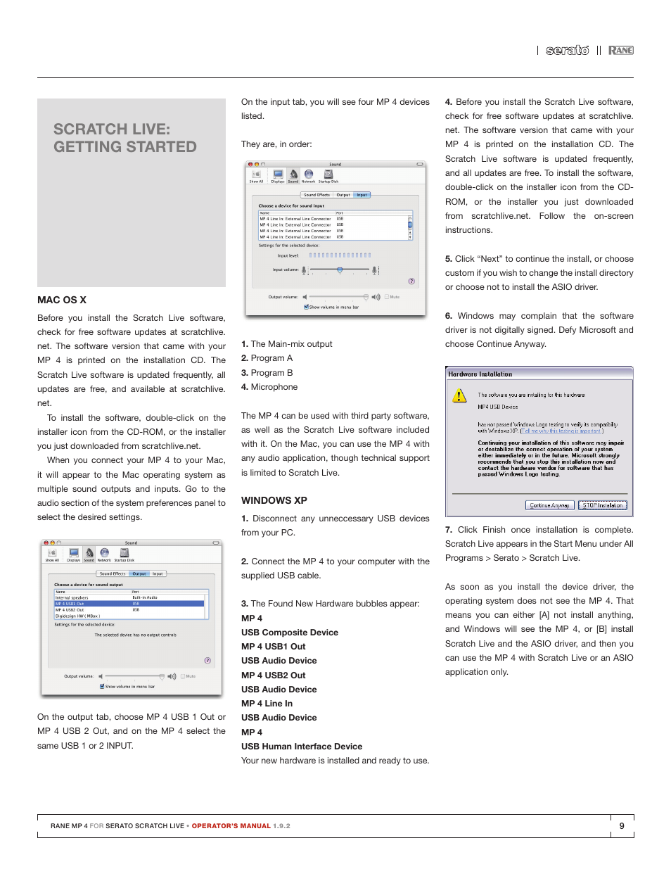 Scratch live: getting started, Mac os x, Windows xp | Scratch live: getting started 9 | Rane MP 4 Manual 1.9.2 User Manual | Page 9 / 32