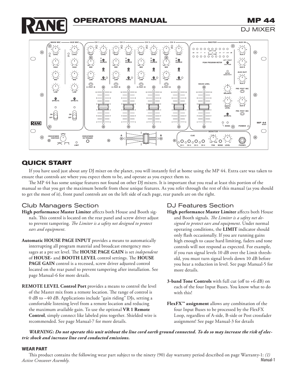 Mp 44, Operators manual, Dj mixer | Quick start, Manual-1 | Rane MP 44 (2003 version) User Manual | Page 3 / 11