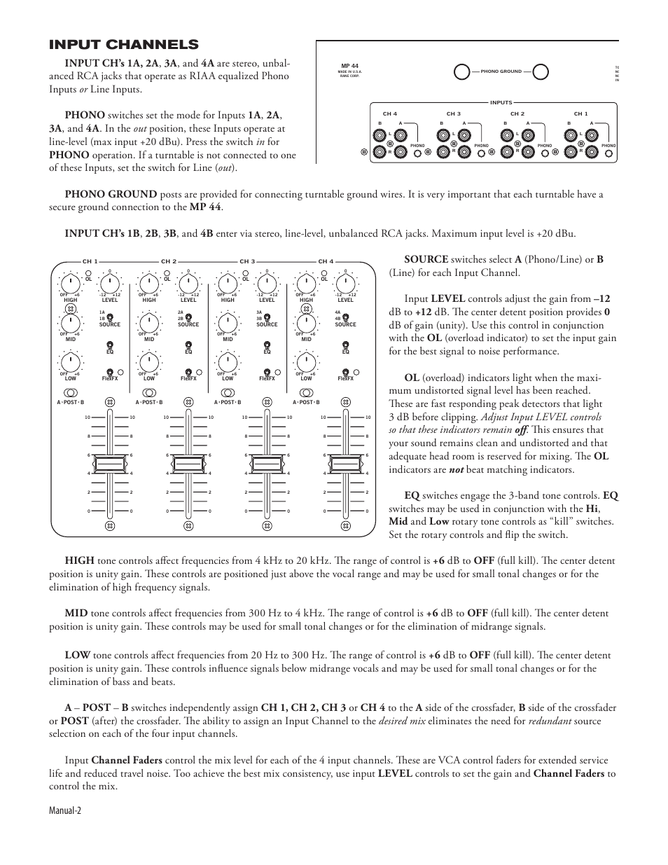 Input channels, Manual-2 | Rane MP 44 (2003 version) User Manual | Page 4 / 11