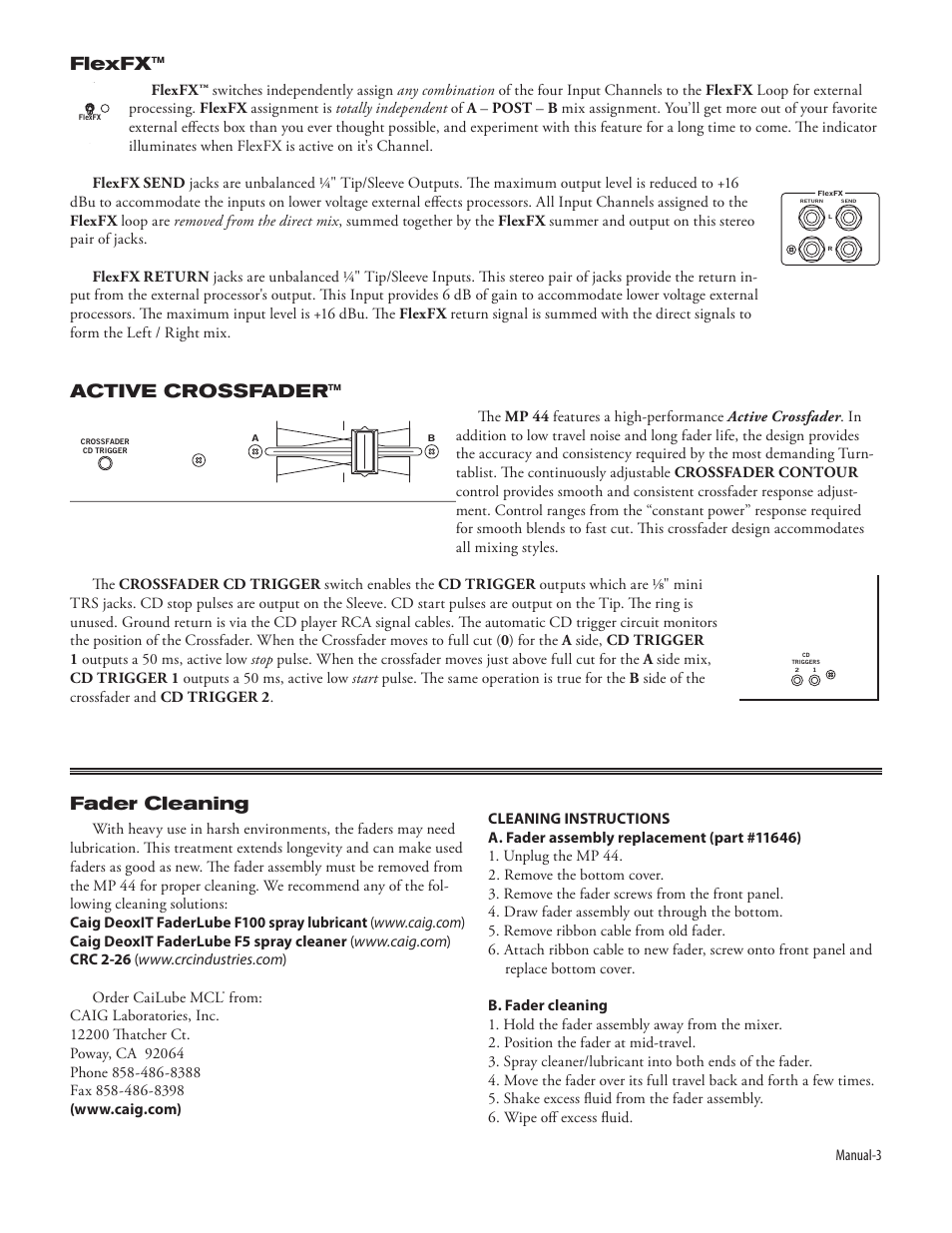 Flexfx, Active crossfader, Fader cleaning | Manual | Rane MP 44 (2003 version) User Manual | Page 5 / 11