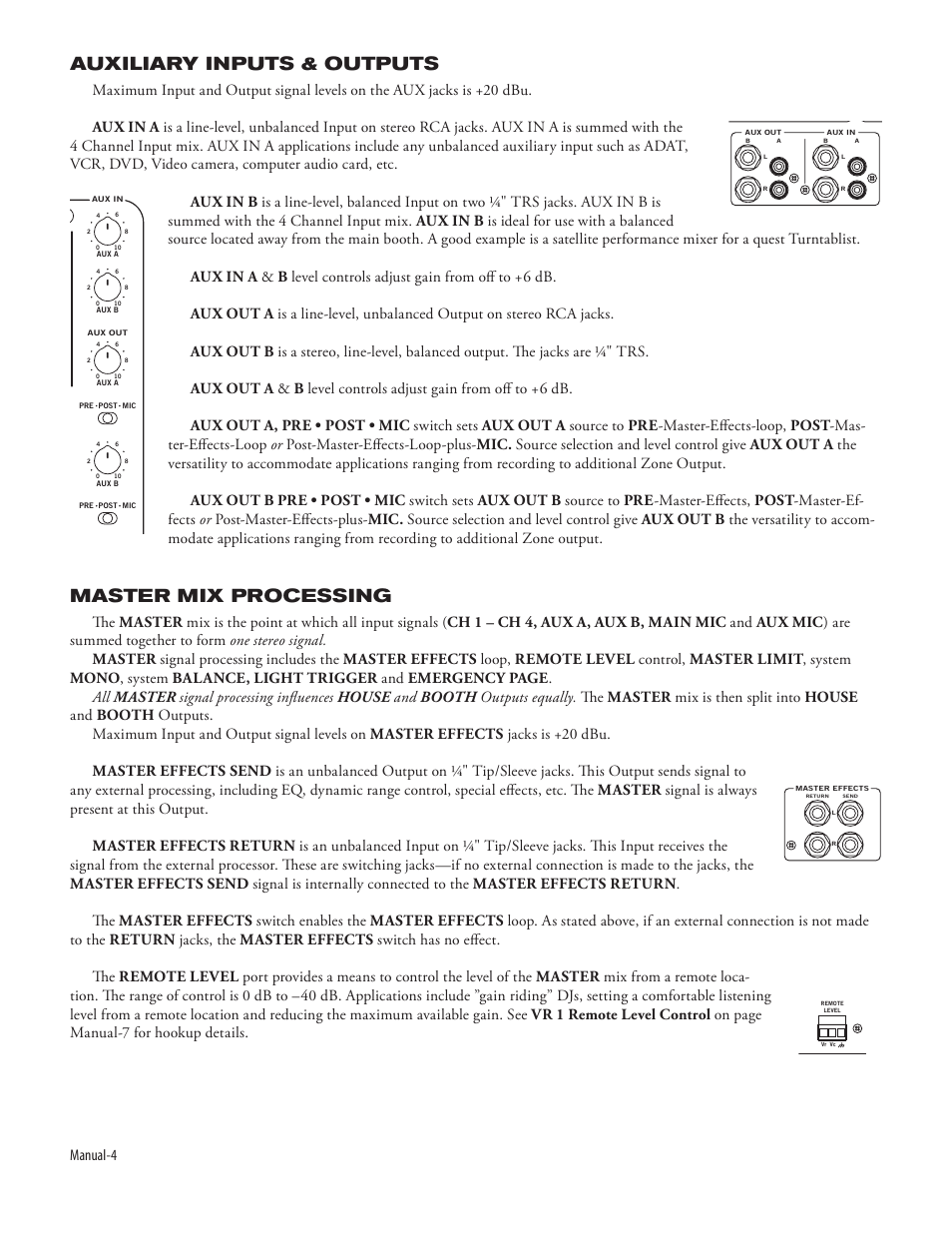 Auxiliary inputs & outputs, Master mix processing, Manual-4 | Rane MP 44 (2003 version) User Manual | Page 6 / 11