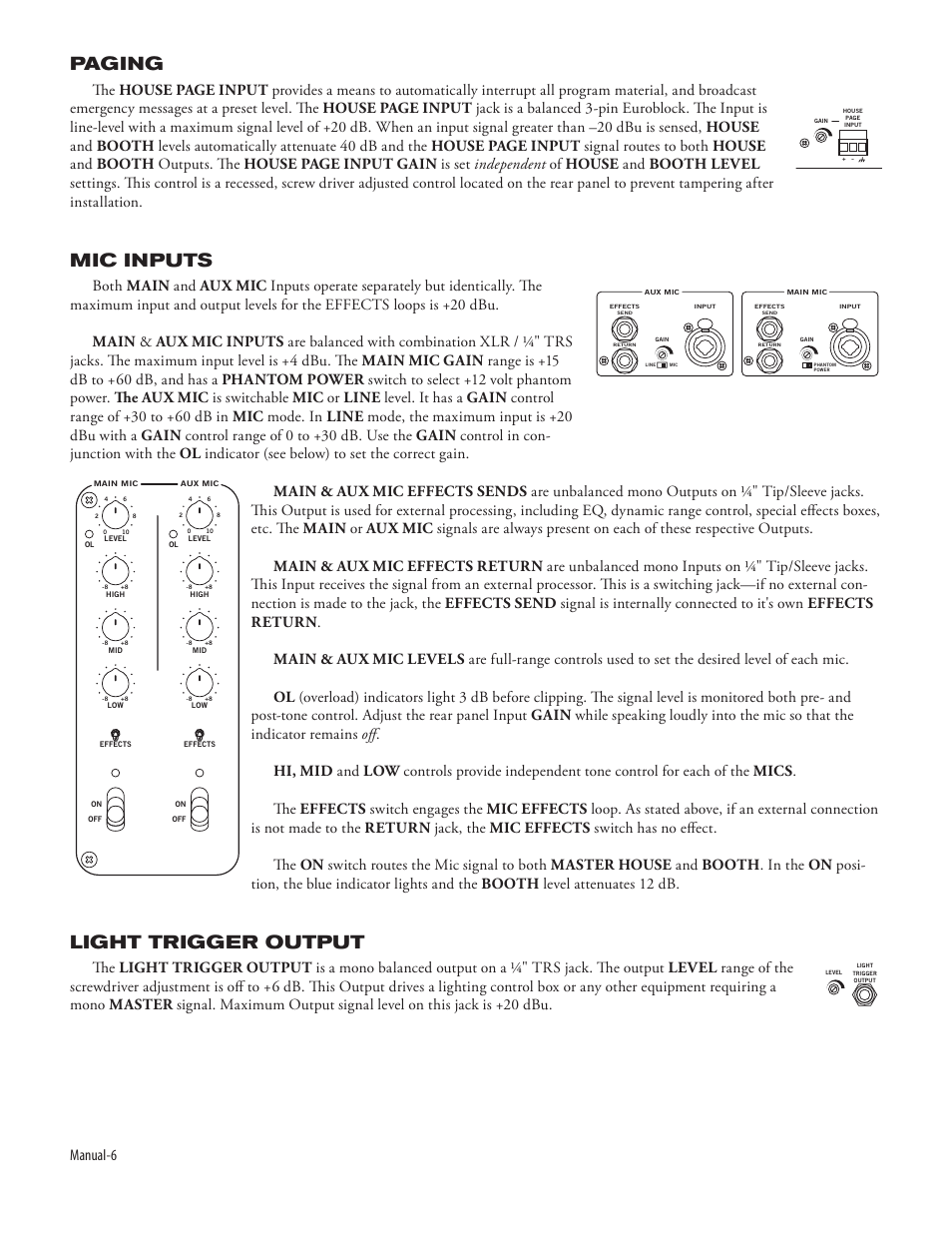 Paging, Mic inputs, Light trigger output | Manual-6 | Rane MP 44 (2003 version) User Manual | Page 8 / 11