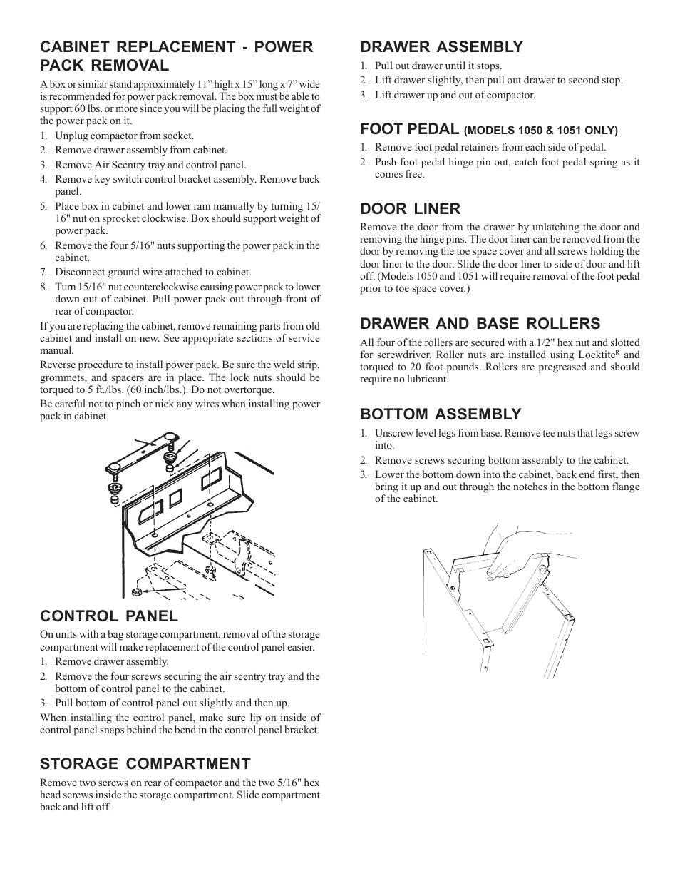 Drawer assembly, Foot pedal, Door liner | Drawer and base rollers, Bottom assembly, Cabinet replacement - power pack removal, Control panel, Storage compartment | Broan 1052-B User Manual | Page 5 / 12