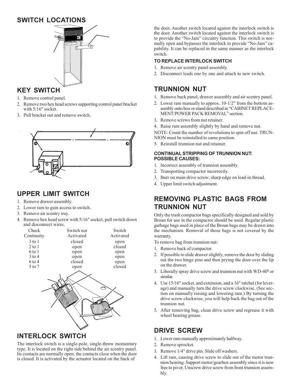 Trunnion nut, Removing plastic bags from trunnion nut, Drive screw | Switch locations key switch, Upper limit switch, Interlock switch | Broan 1052-B User Manual | Page 6 / 12