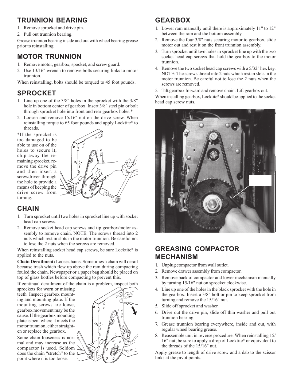 Trunnion bearing, Motor trunnion, Sprocket | Chain, Gearbox, Greasing compactor mechanism | Broan 1052-B User Manual | Page 7 / 12