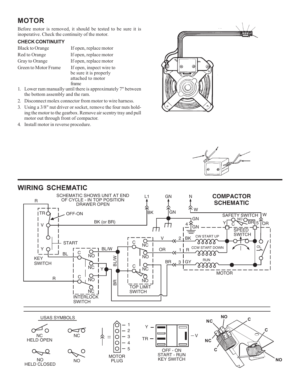 Motor, Wiring schematic, Compactor schematic | Broan 1052-B User Manual | Page 8 / 12