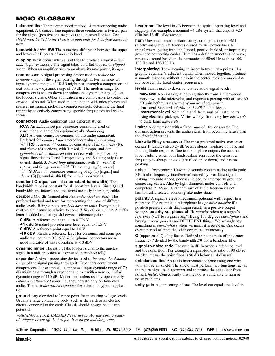 Manual-8, Mojo glossary | Rane MQ 302L User Manual | Page 9 / 9