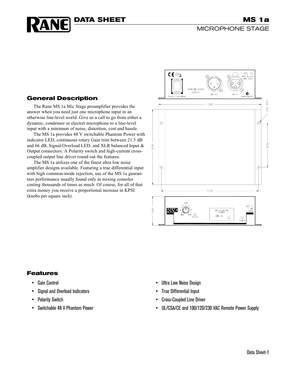 Rane MS 1a Mic Stage Current version is here. User Manual | 4 pages