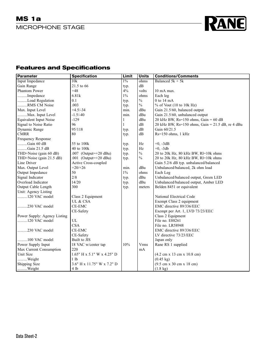 Ms 1a, Data sheet-2, Microphone stage | Features and specifications | Rane MS 1a Mic Stage Current version is here. User Manual | Page 2 / 4