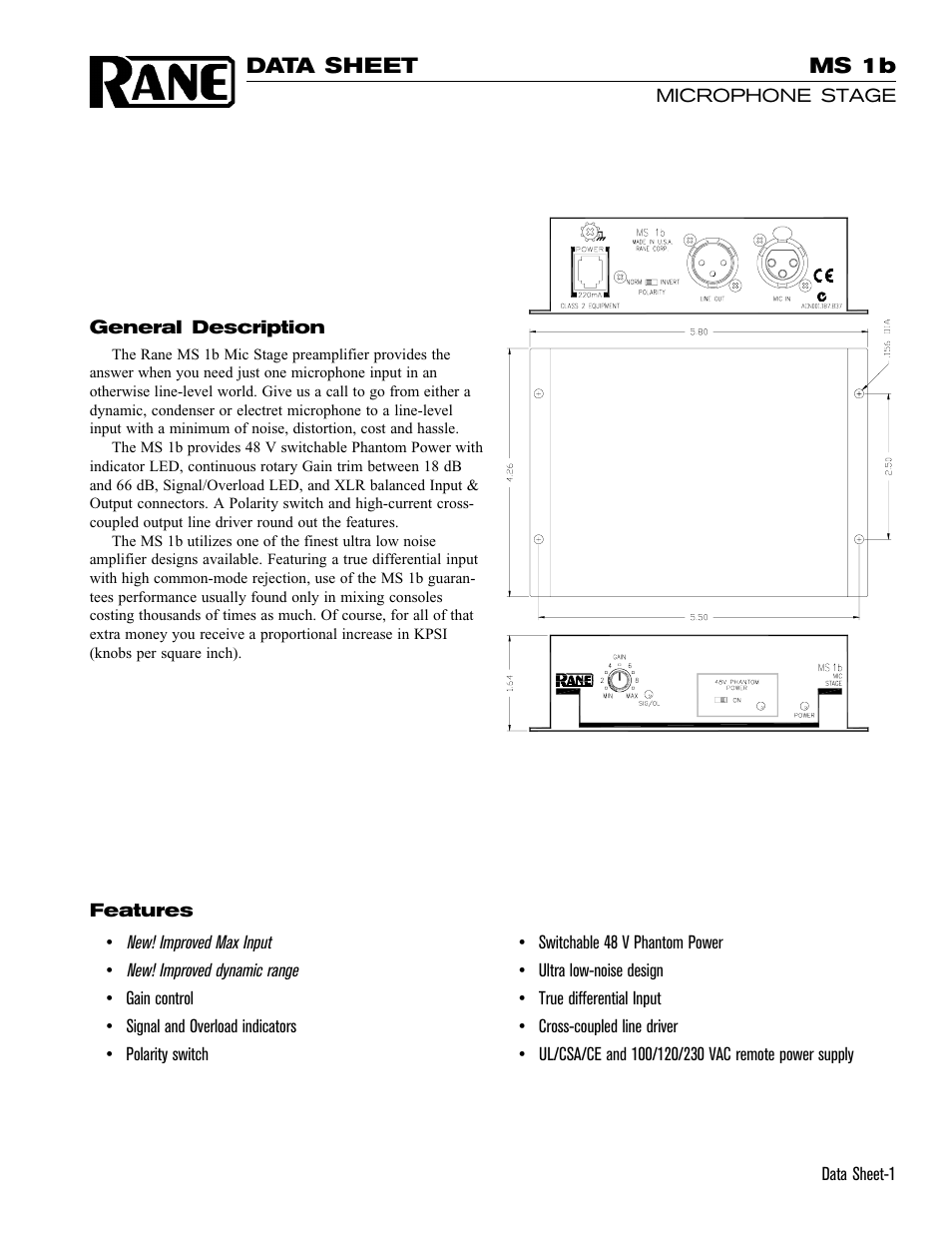 Rane MS 1b Mic Stage 2000 version Current is here. User Manual | 4 pages