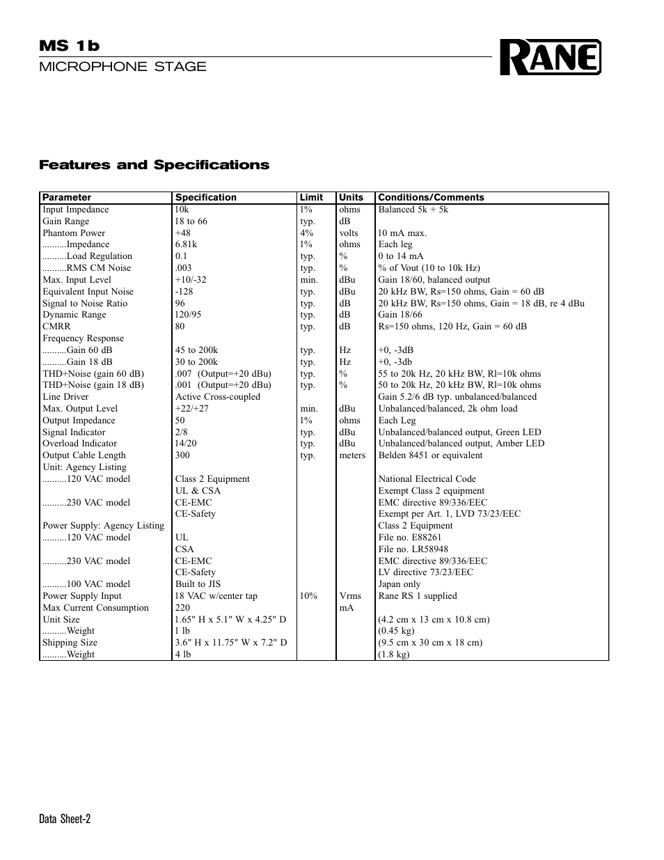 Ms 1b, Data sheet-2, Microphone stage | Features and specifications | Rane MS 1b Mic Stage 2000 version Current is here. User Manual | Page 2 / 4