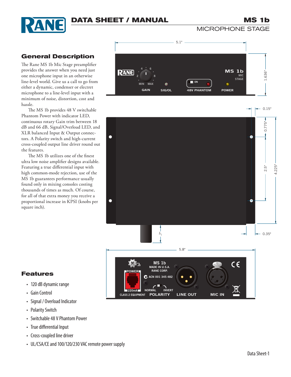 Rane MS 1b Mic Stage 2003 version Current is here. User Manual | 4 pages