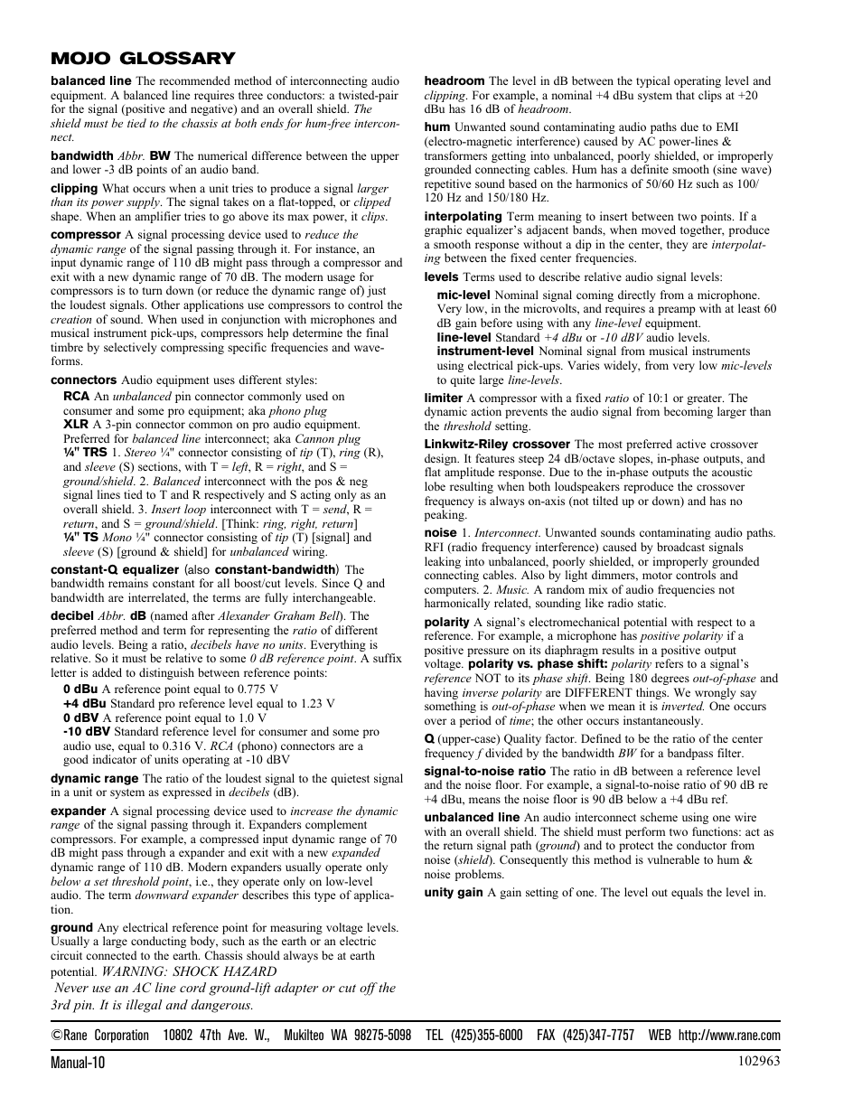 Manual-10, Mojo glossary | Rane MX 22 User Manual | Page 11 / 11