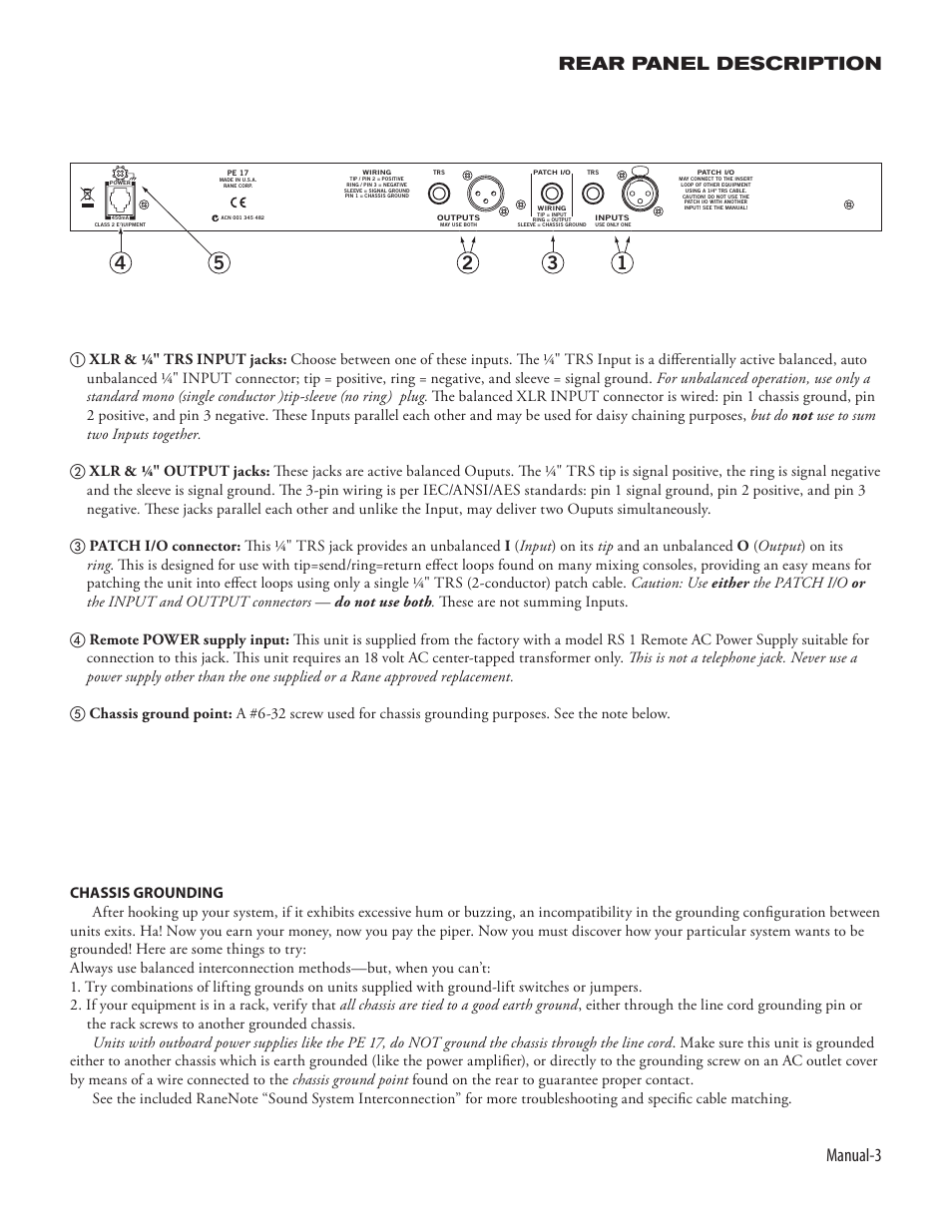 Manual- rear panel description | Rane PE 17 (2003 version) User Manual | Page 3 / 4