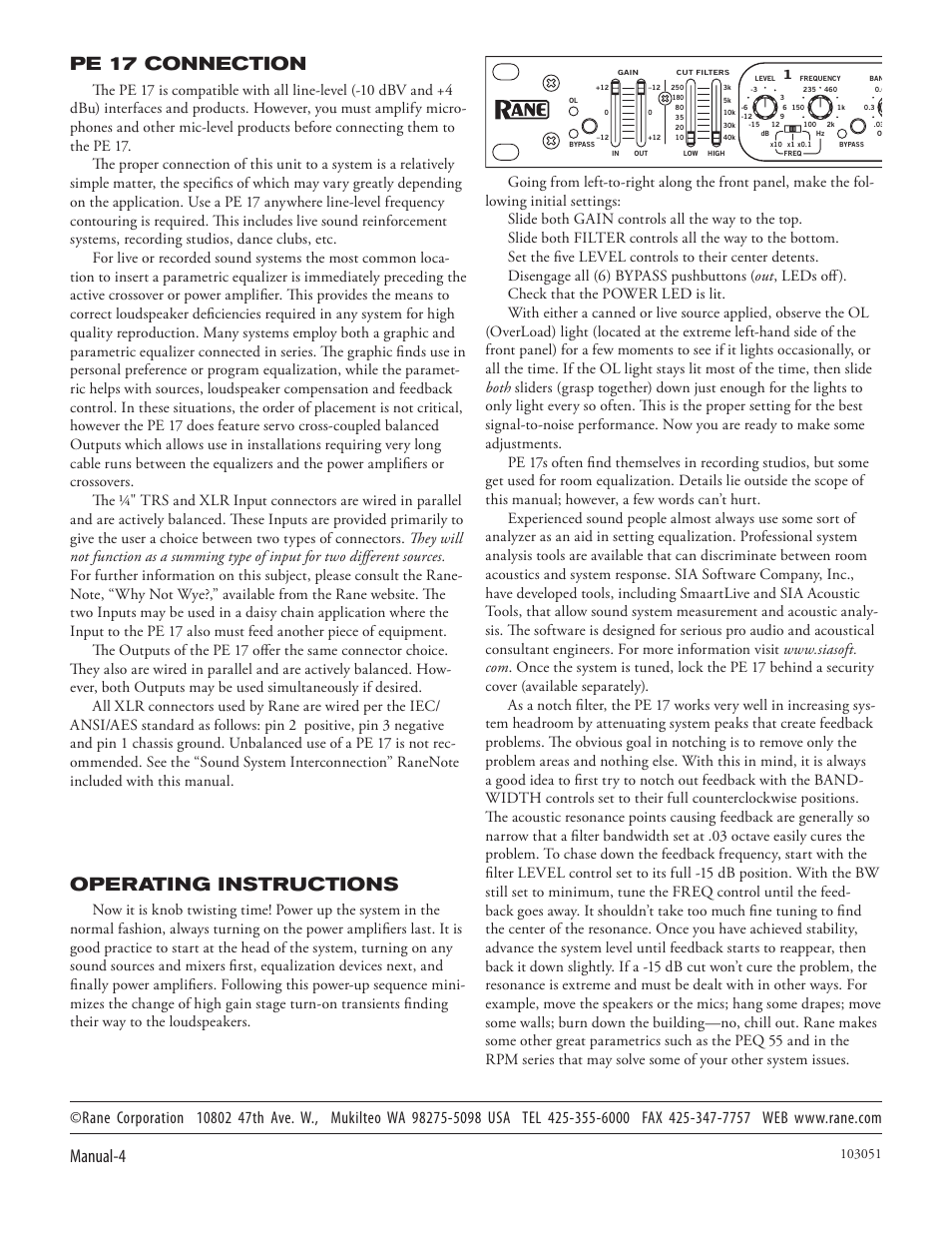 Manual- operating instructions, Pe 17 connection | Rane PE 17 (2003 version) User Manual | Page 4 / 4