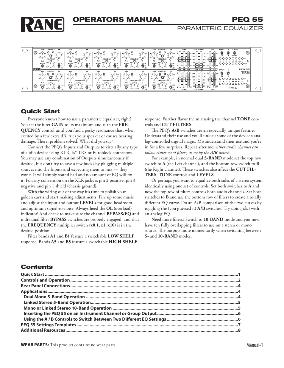 Peq 55, Operators manual | Rane PEQ 55 User Manual | Page 3 / 10