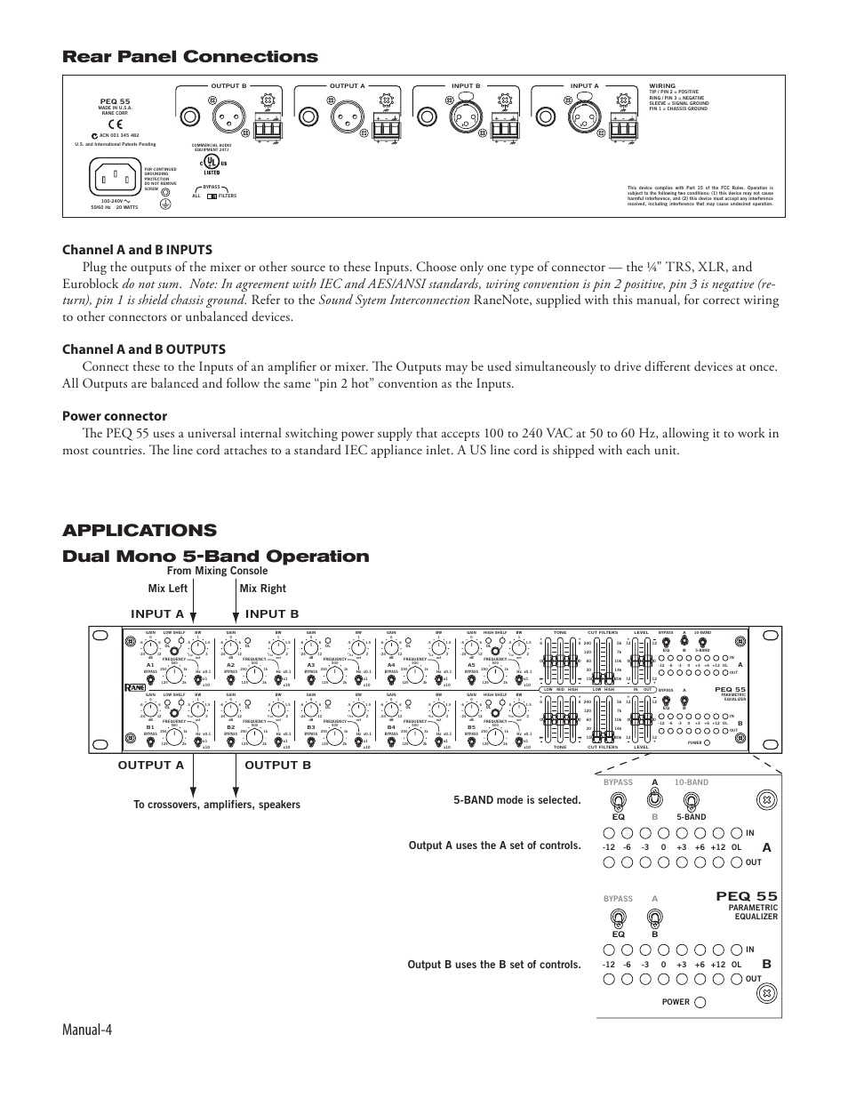 Manual- rear panel connections, Applications dual mono 5-band operation, Peq 55 | Power b eq 5-band out in 10-band bypass a, Beq out in bypass a | Rane PEQ 55 User Manual | Page 6 / 10