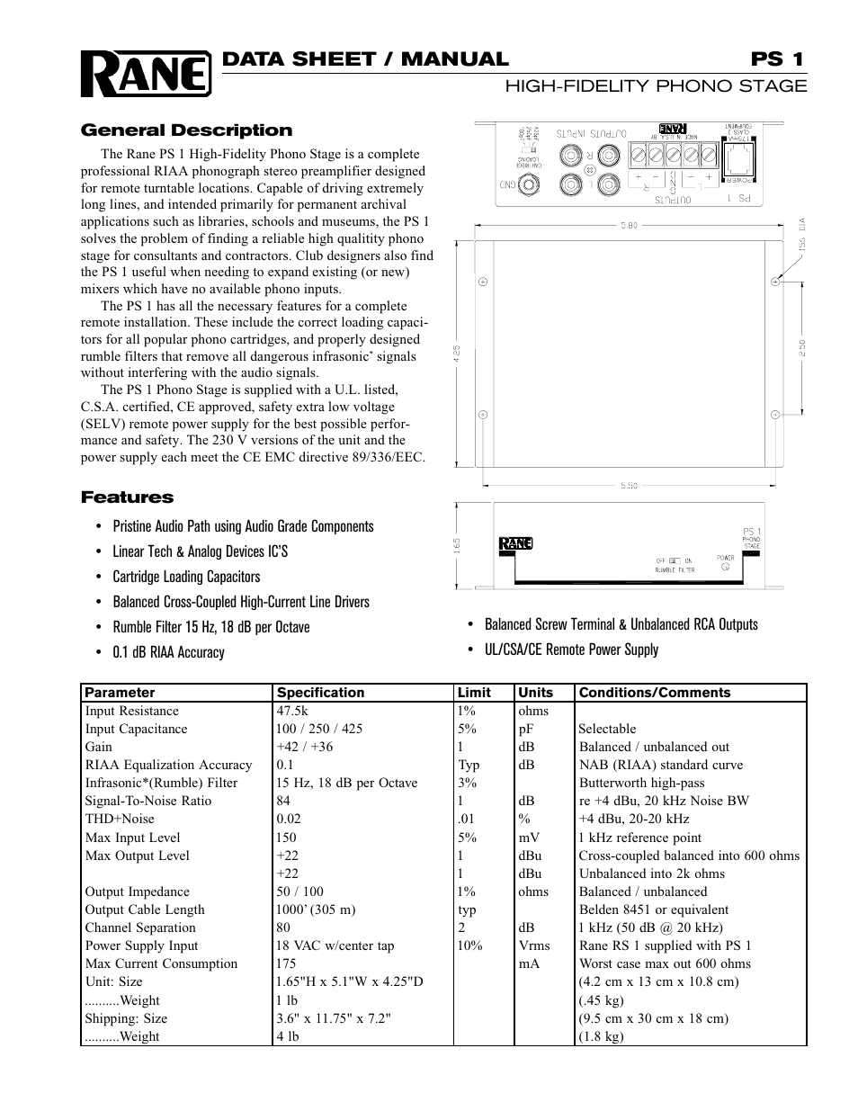 Rane PS 1 Phono Preamp User Manual | 2 pages