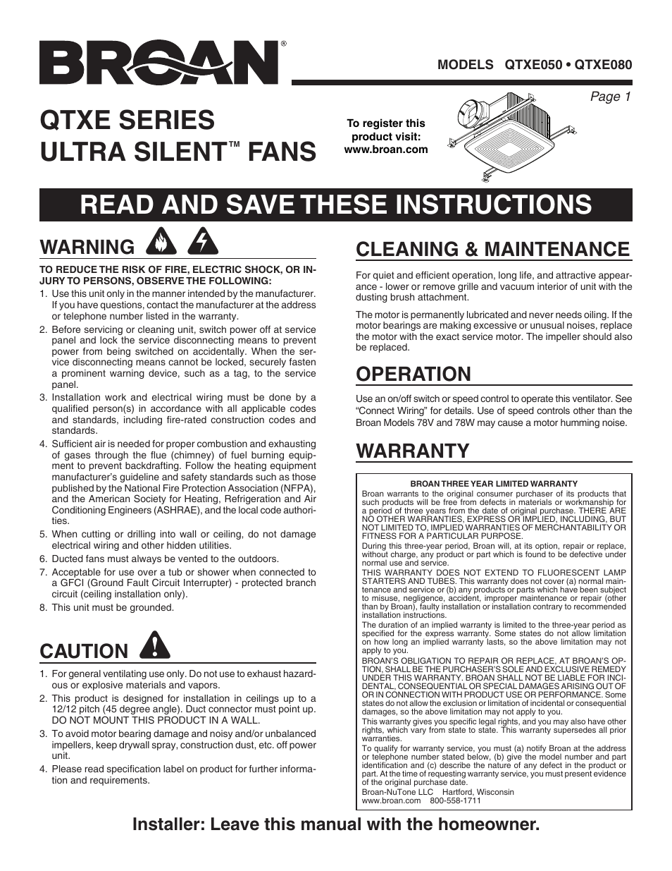 Broan QTXE080 User Manual | 8 pages