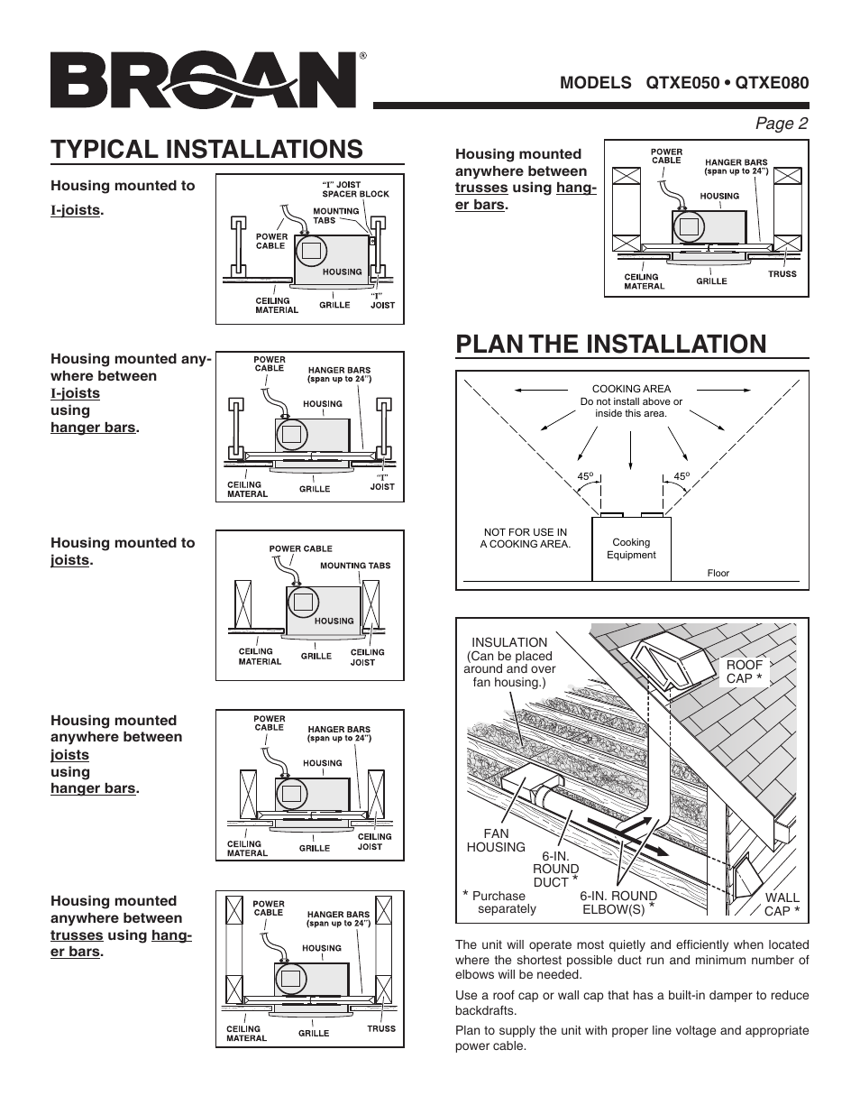 Typical installations, Plan the installation | Broan QTXE080 User Manual | Page 2 / 8