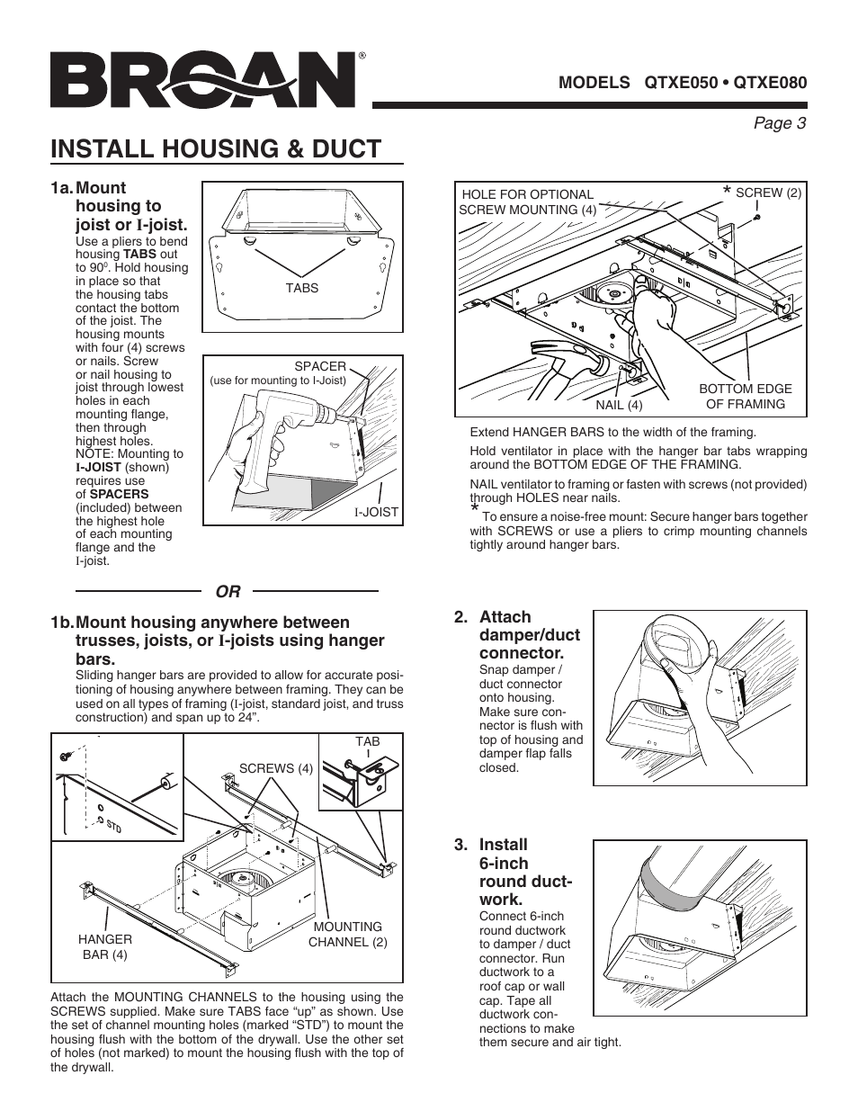 Install housing & duct | Broan QTXE080 User Manual | Page 3 / 8