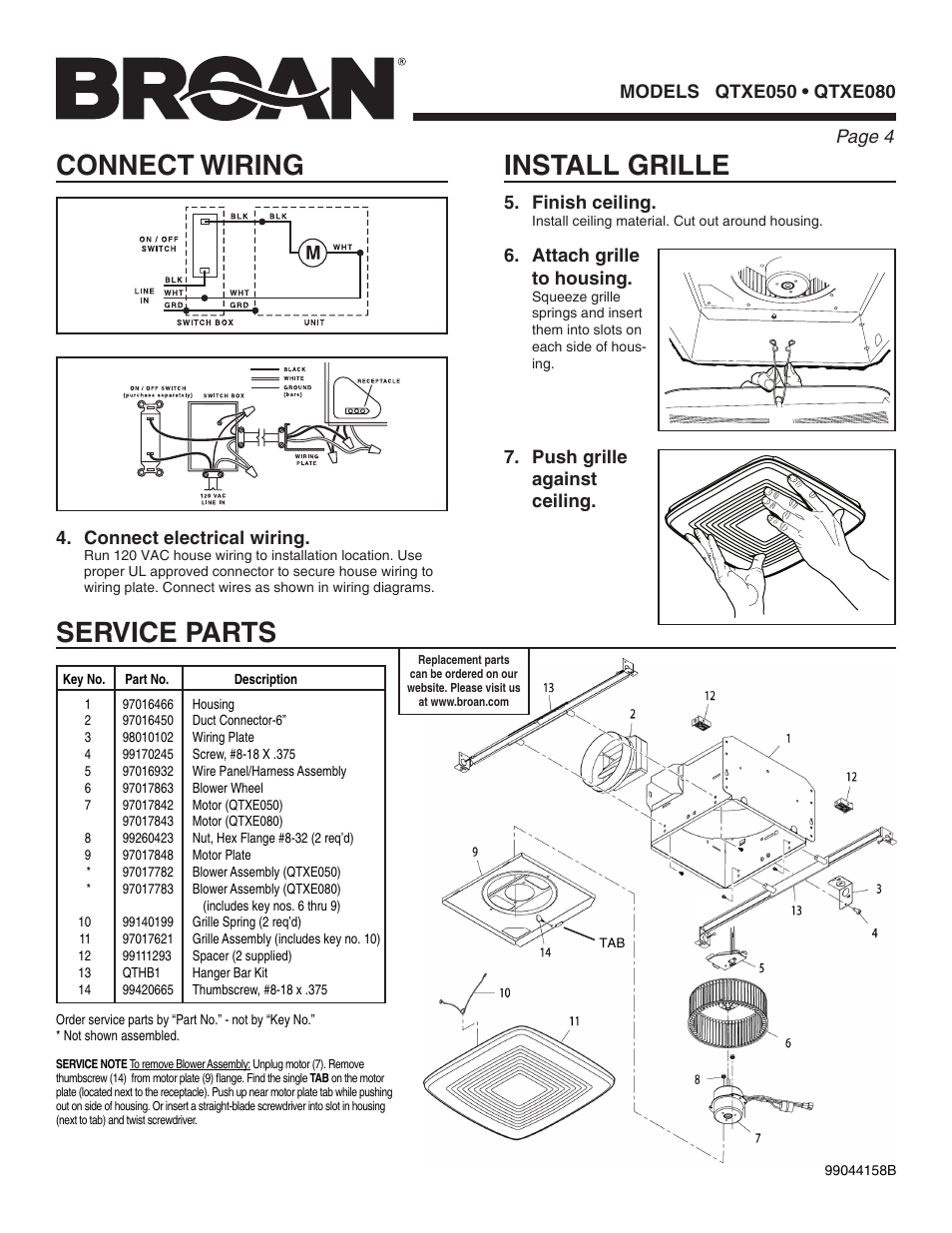 Install grille, Connect wiring service parts | Broan QTXE080 User Manual | Page 4 / 8
