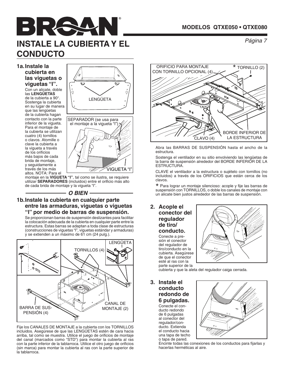 Instale la cubierta y el conducto, Acople el conector del regulador de tiro/ conducto, Instale el conducto redondo de 6 pulgadas | Broan QTXE080 User Manual | Page 7 / 8