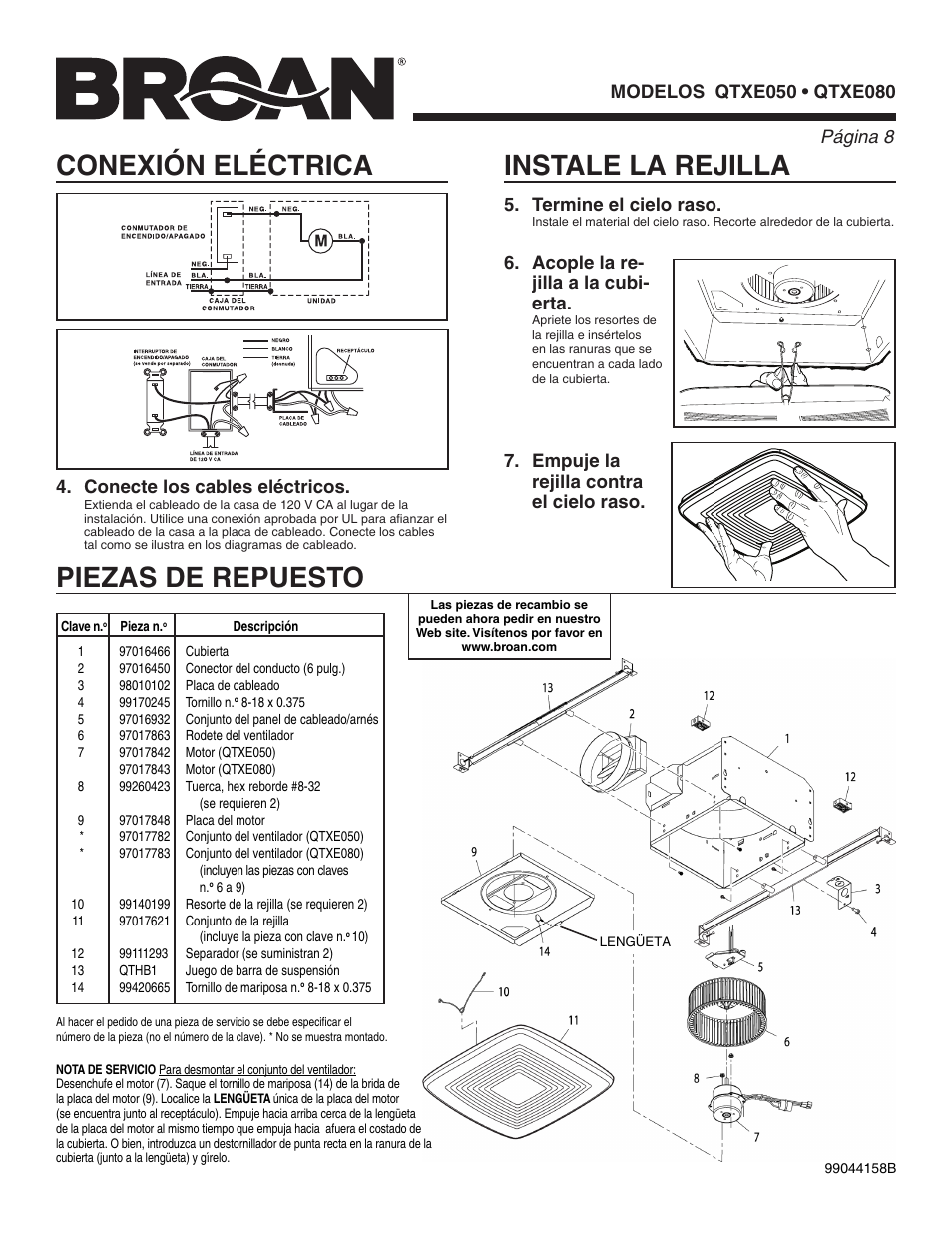 Piezas de repuesto, Instale la rejilla, Conexión eléctrica | Acople la re- jilla a la cubi- erta, Conecte los cables eléctricos | Broan QTXE080 User Manual | Page 8 / 8