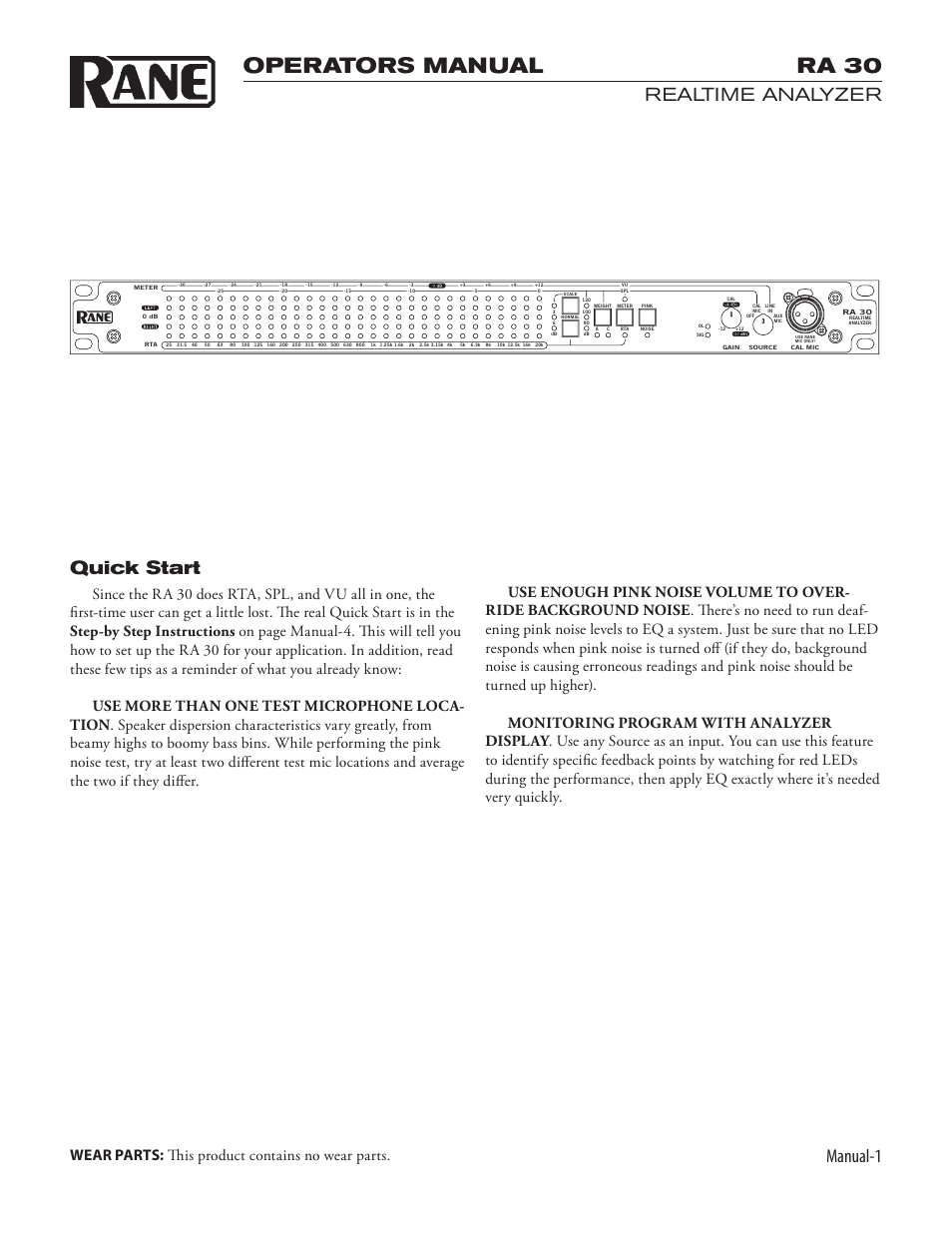 Operators manual ra 30, Manual, Realtime analyzer quick start | Rane RA 30 User Manual | Page 3 / 8