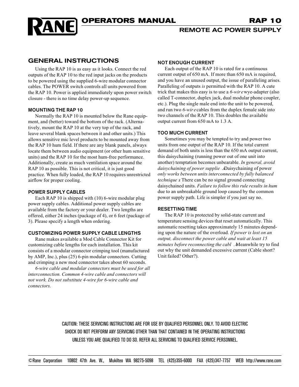 Rane RAP 10 User Manual | 1 page