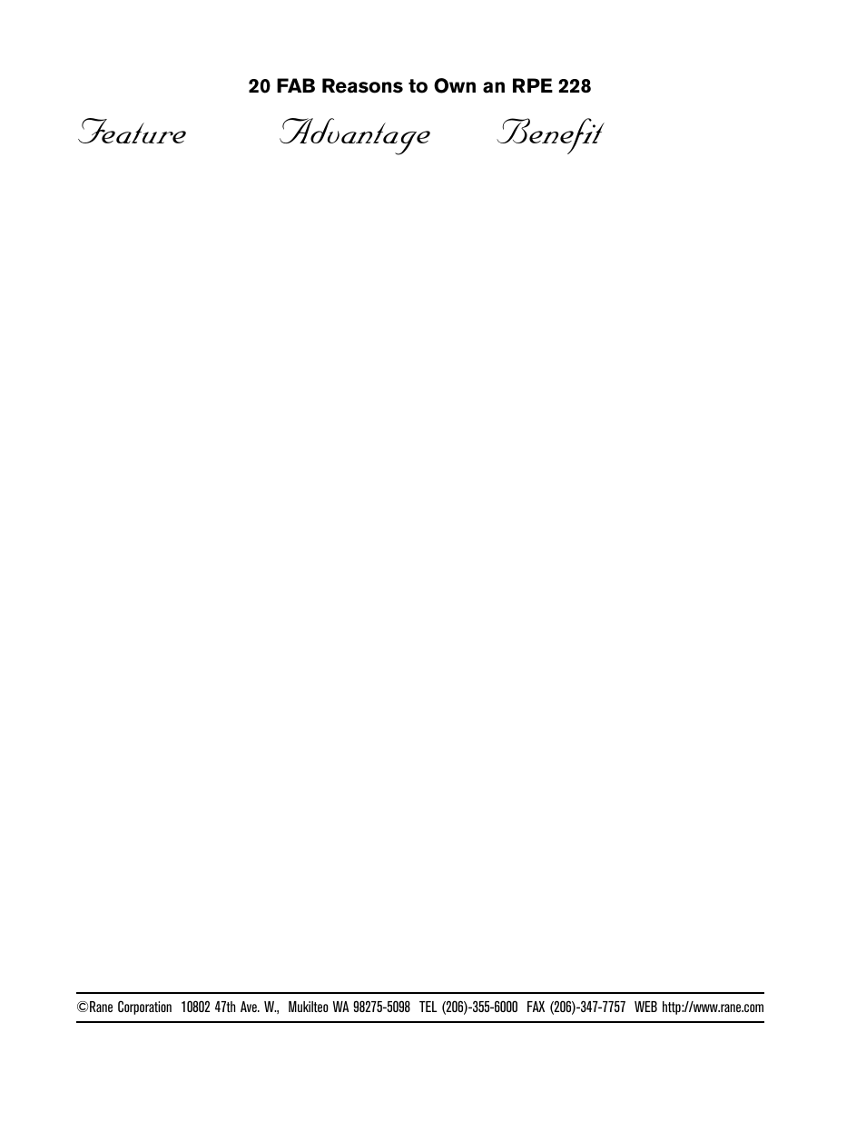 Feature advantage benefit | Rane RPE 228 Users Guide User Manual | Page 8 / 8