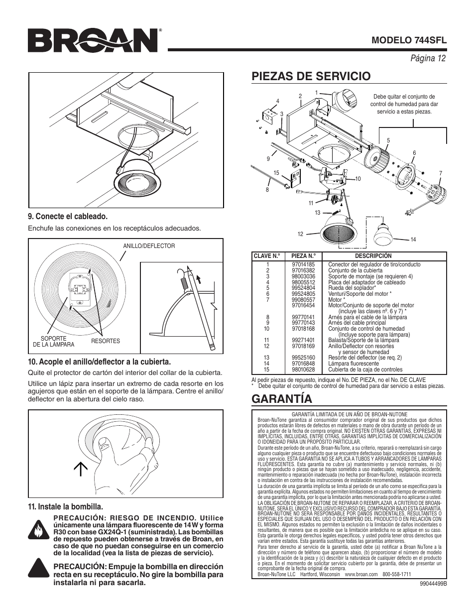 Piezas de servicio, Garantía, Instale la bombilla | Conecte el cableado, Acople el anillo/deflector a la cubierta | Broan 744SFL User Manual | Page 12 / 12