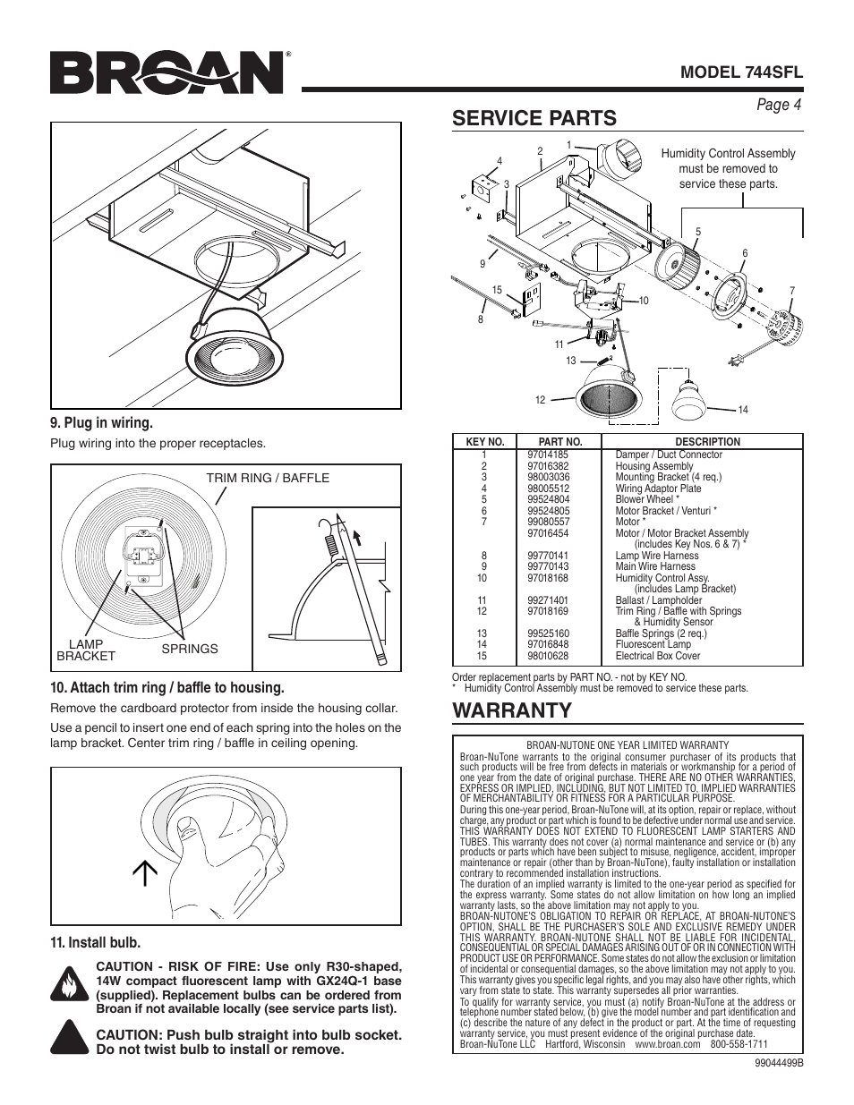 Service parts, Warranty, Page 4 model 744sfl | Attach trim ring / baffle to housing, Install bulb, Plug in wiring | Broan 744SFL User Manual | Page 4 / 12
