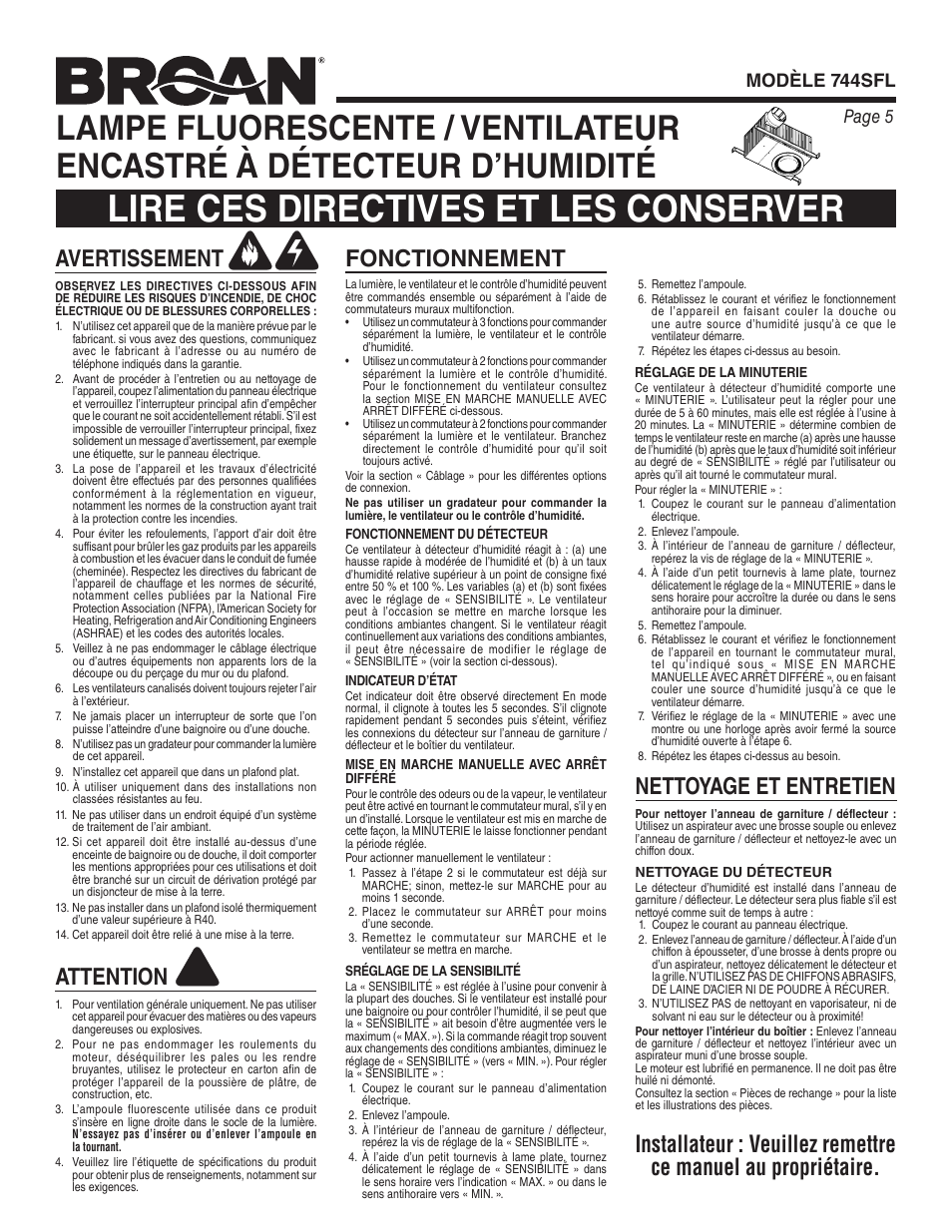 Lire ces directives et les conserver, Fonctionnement, Avertissement | Attention, Page 5 modèle 744sfl | Broan 744SFL User Manual | Page 5 / 12