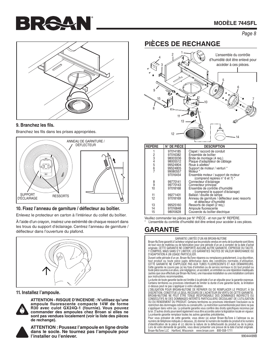 Pièces de rechange, Garantie, Page 8 modèle 744sfl | Installez l’ampoule, Branchez les fils | Broan 744SFL User Manual | Page 8 / 12