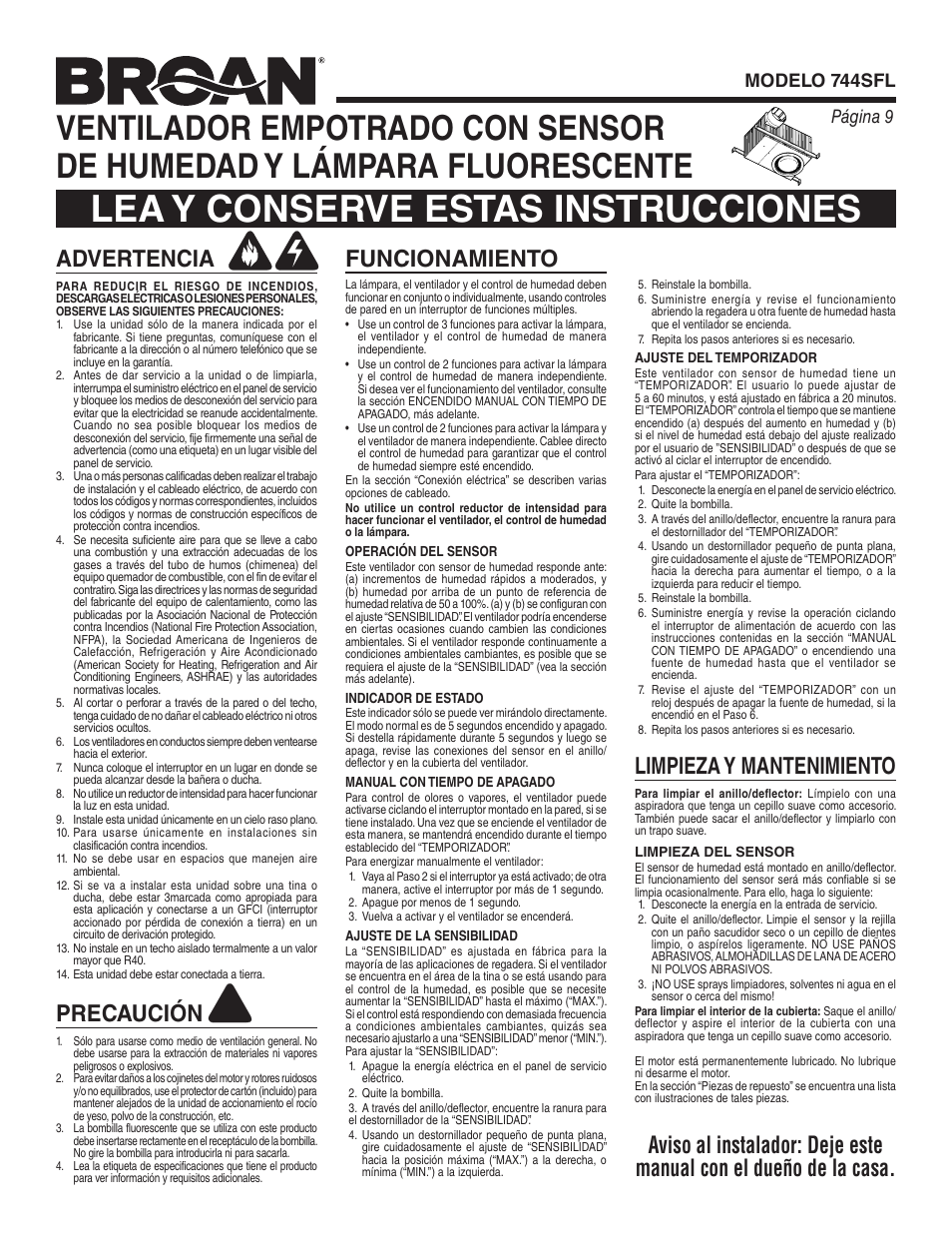 Lea y conserve estas instrucciones, Limpieza y mantenimiento, Advertencia | Precaución, Página 9 modelo 744sfl | Broan 744SFL User Manual | Page 9 / 12