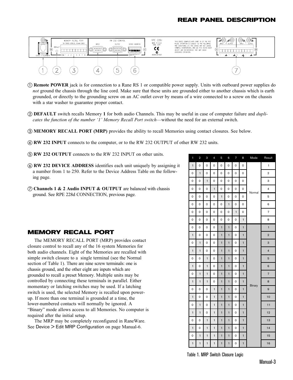 Manual-3 rear panel description, Table 1. mrp switch closure logic | Rane RPE 228d User Manual | Page 3 / 8