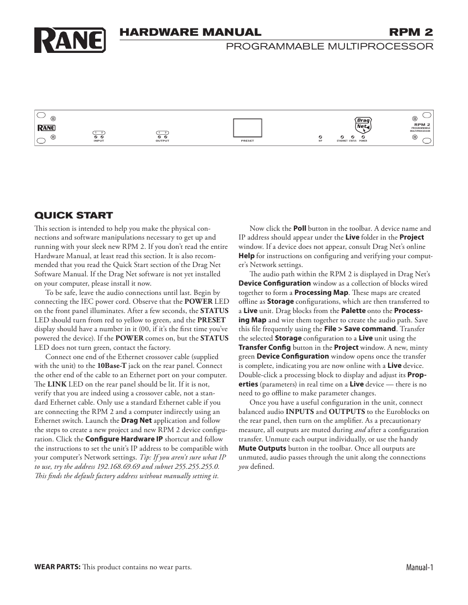 Rpm 2, Hardware manual, Manual-1 | Programmable multiprocessor, Quick start | Rane RPM 2 User Manual | Page 3 / 10