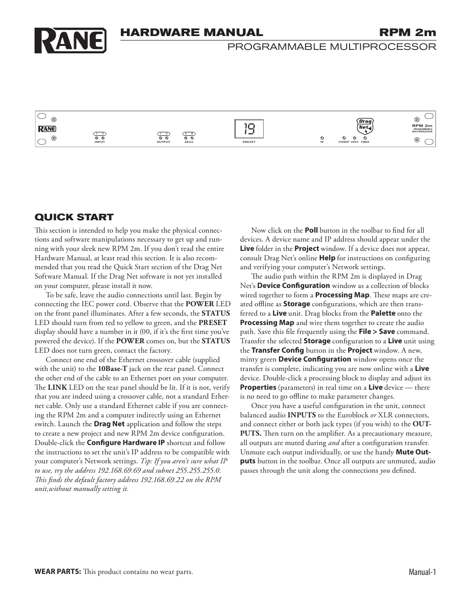 Rpm 2m, Hardware manual, Manual-1 | Programmable multiprocessor, Quick start | Rane RPM 2m User Manual | Page 3 / 10