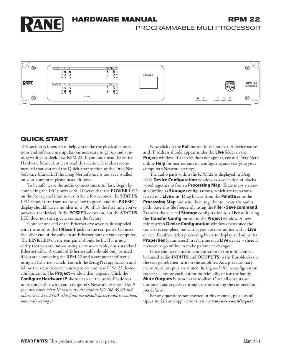 Rpm 22, Hardware manual, Manual-1 | Programmable multiprocessor, Quick start | Rane RPM 22 User Manual | Page 3 / 12