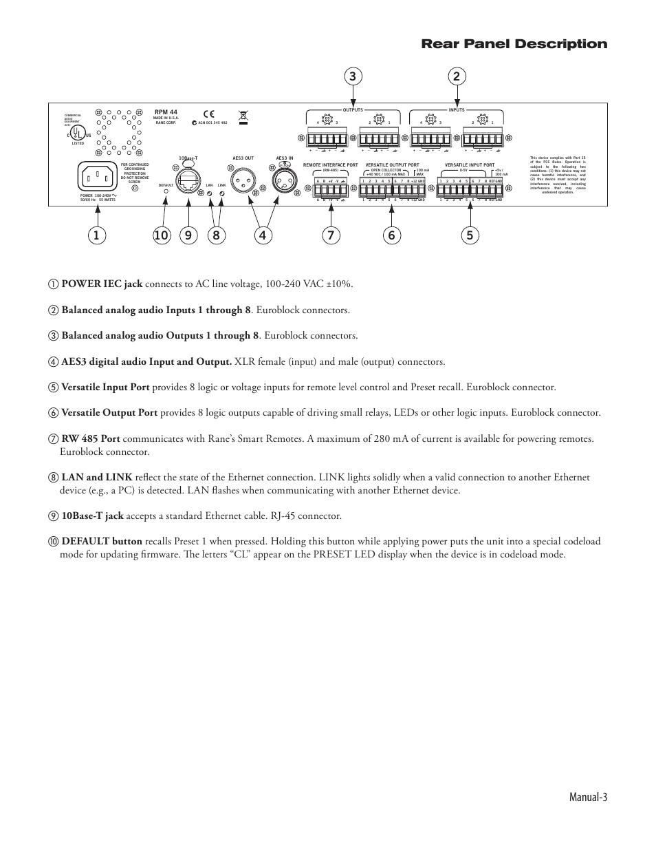 Manual-3 rear panel description | Rane RPM 44 User Manual | Page 5 / 12