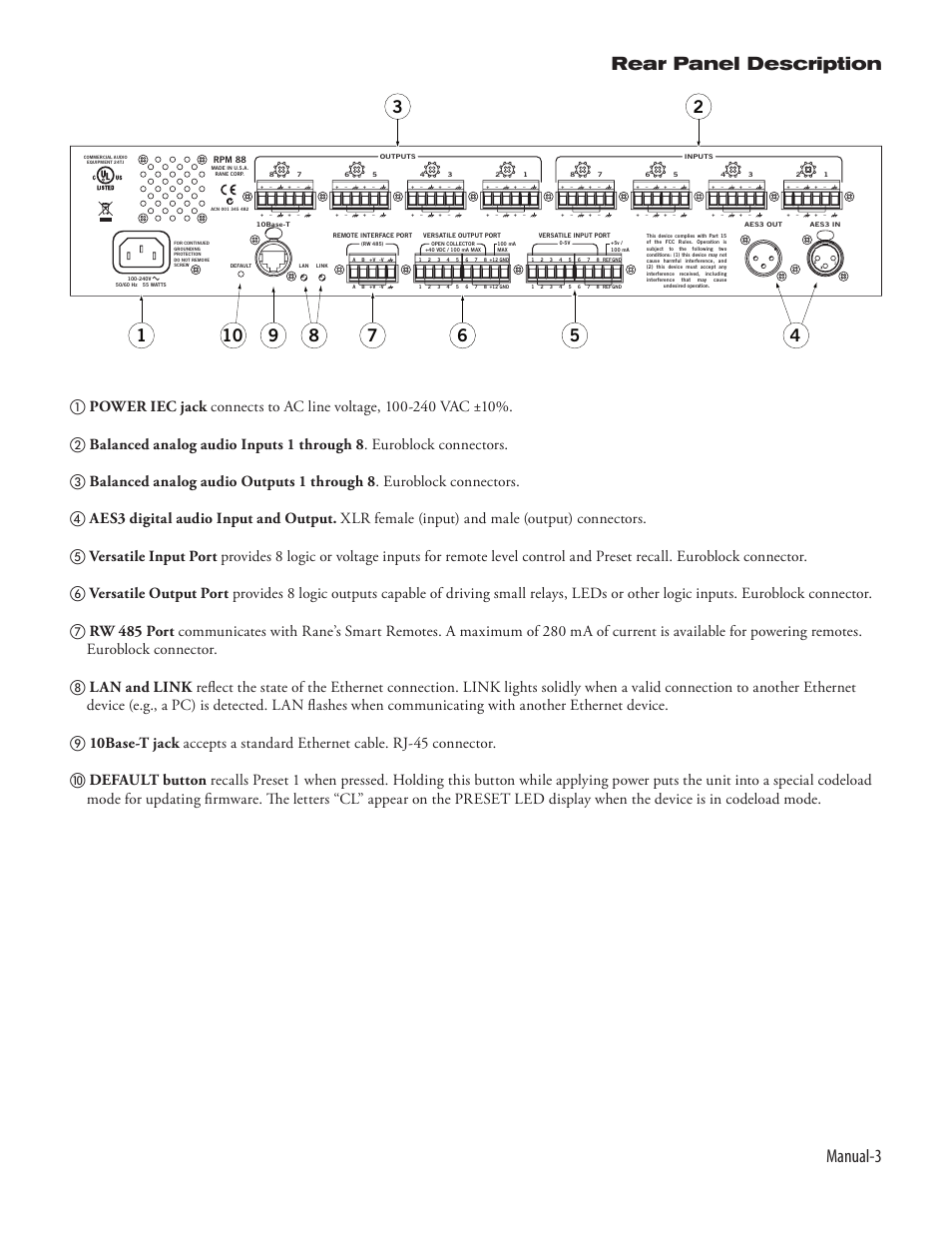 Manual-3 rear panel description | Rane RPM 88 User Manual | Page 5 / 12