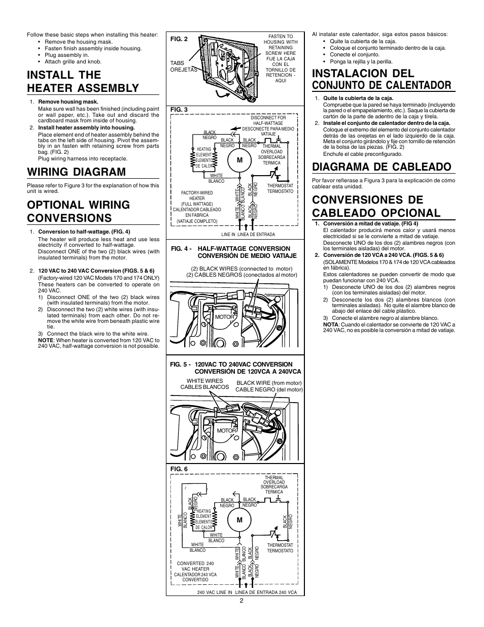 Install the heater assembly, Wiring diagram, Instalacion del conjunto de calentador | Diagrama de cableado, Conversiones de cableado opcional, Optional wiring conversions | Broan 178FT User Manual | Page 2 / 4