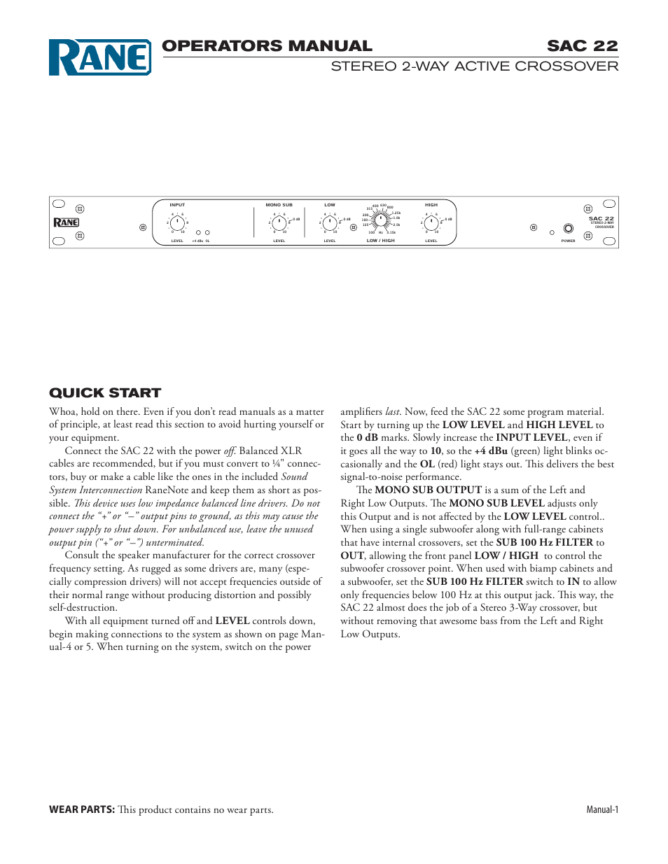 Sac22man.pdf, Operators manual sac 22, Quick start | Stereo 2-way active crossover, Manual-1 | Rane SAC 22 2003 version User Manual | Page 3 / 8